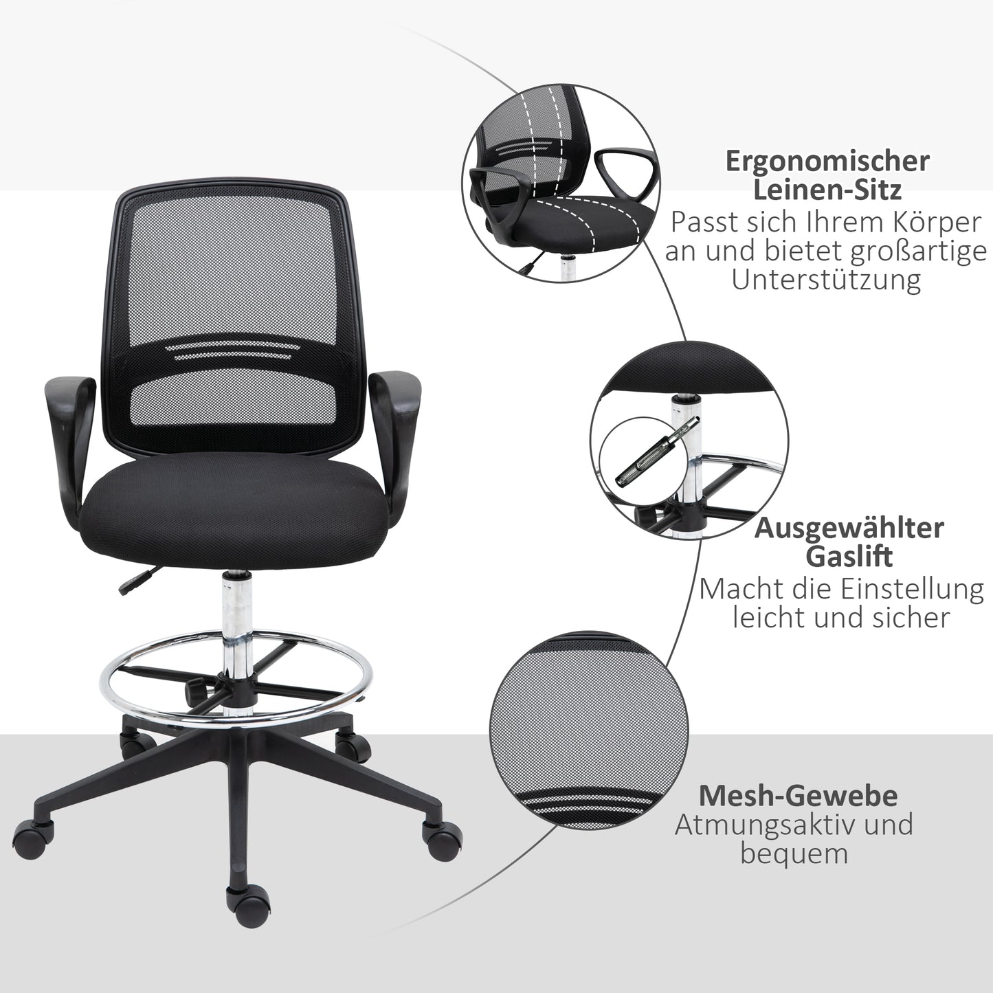Vinsetto Bürostuhl Ergonomischer Schreibtischstuhl mit Armlehnen und Verstellbarer Fußring, Höhenverstellbarer Drehstuhl mit Netzbespannung Schwarz