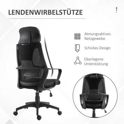 Vinsetto Bürostuhl, Schreibtischstuhl mit Wippfunktion Höhenverstellbarer mit Kopfstütze, Lendenstütze Schwarz