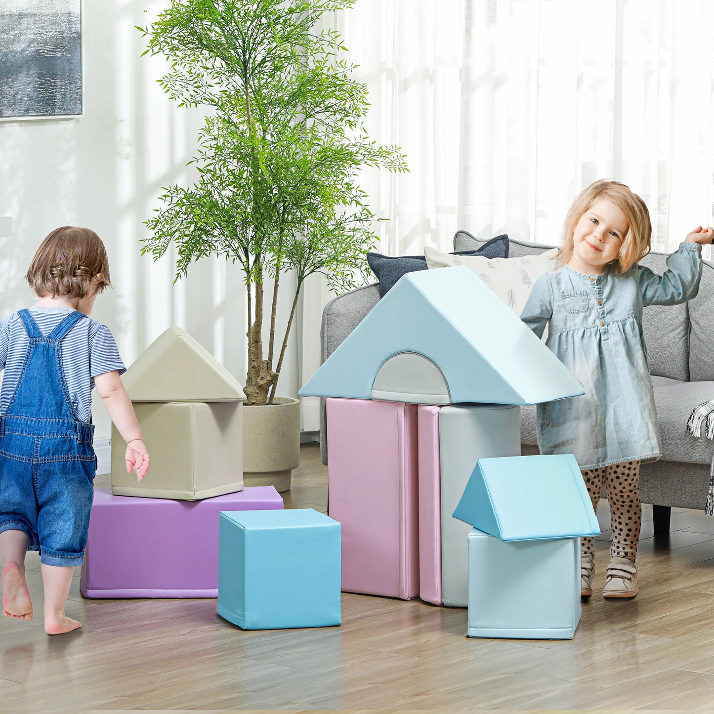 HOMCOM 11-tlg. Softbausteinset, Schaumstoffbausteine zum Toben und Klettern, für Kinder, 1-3 Jahre, Kunstlederbezug, Bunt