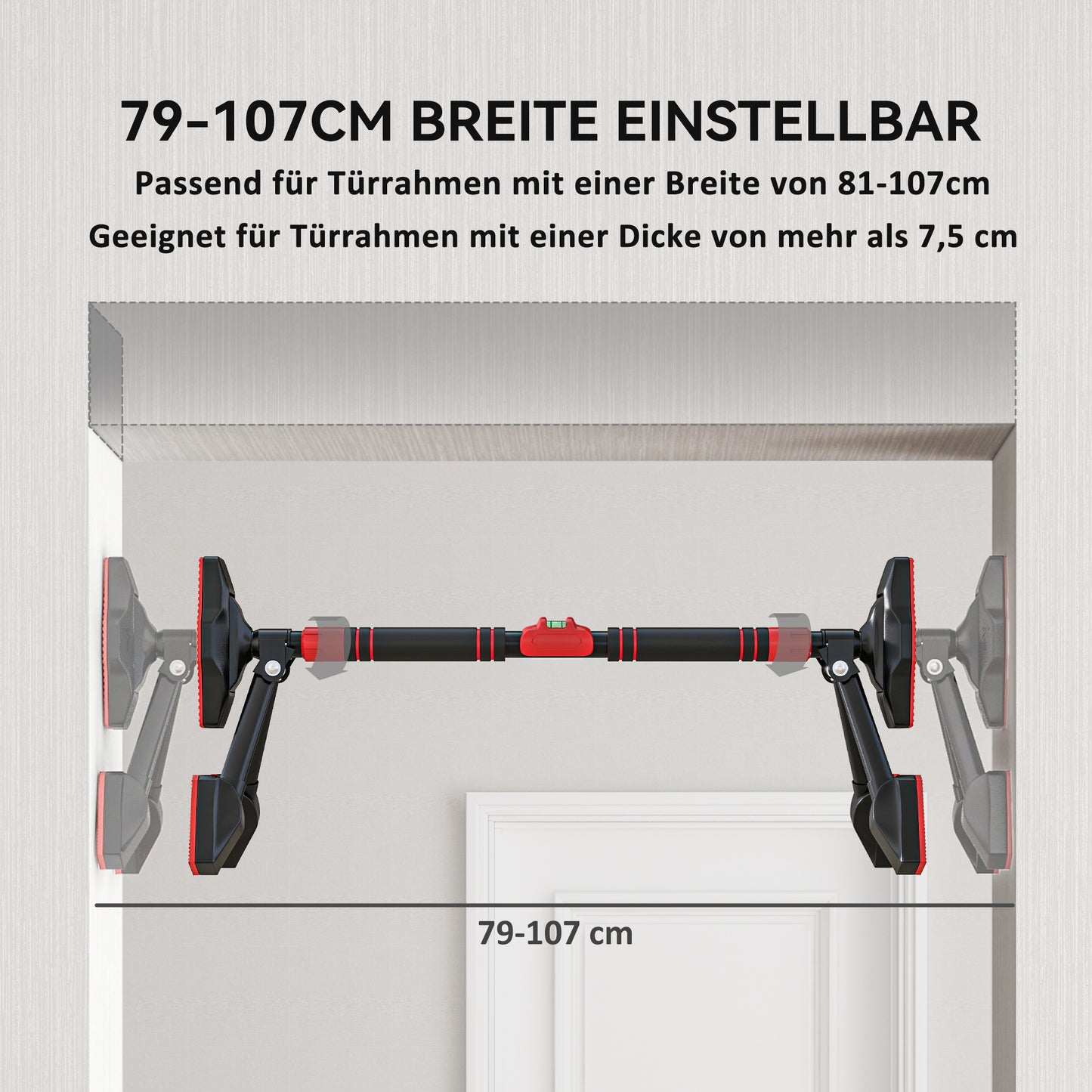 SPORTNOW Klimmzugstange, verstellbar 81-107cm, Wasserwaage, 6-Punkt-Unterstützung, Metall, Schwarz/Rot