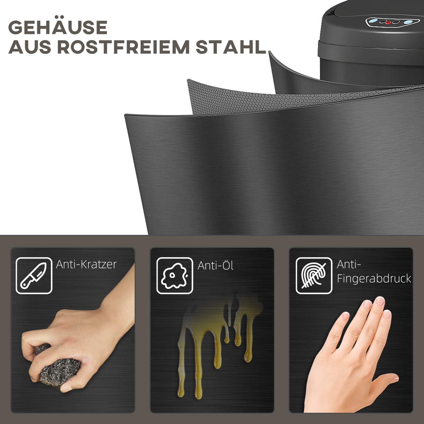 HOMCOM 30 Liter Sensor-Mülleimer mit Soft-Close-Funktion, berührungsfreier Abfalleimer aus Edelstahl für hygienische Küchen