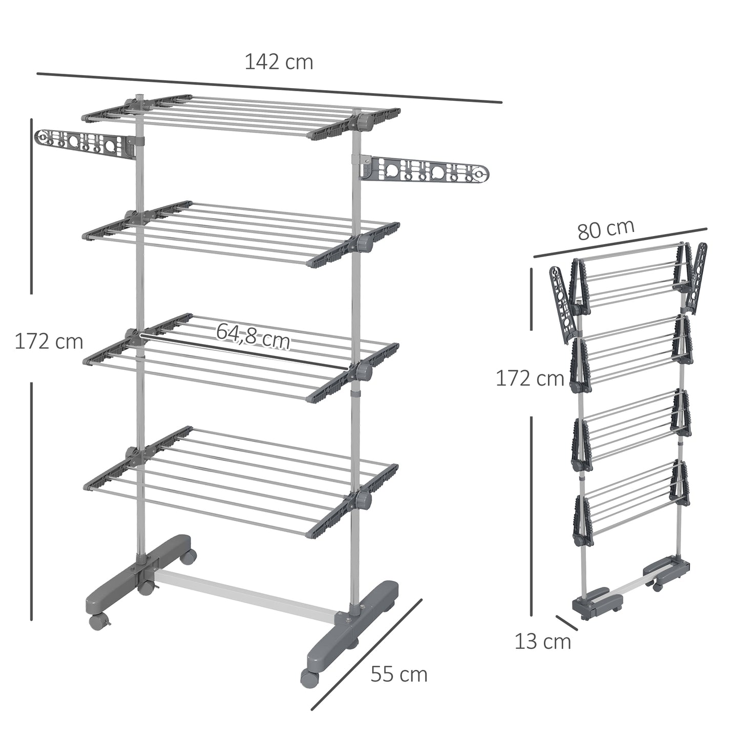 HOMCOM Wäschenständer Wäschetrockner 5 Ebenen، klappbar، نظام بنقرة واحدة، 142 سم × 55 سم × 1 72 سم، Grau + Silber