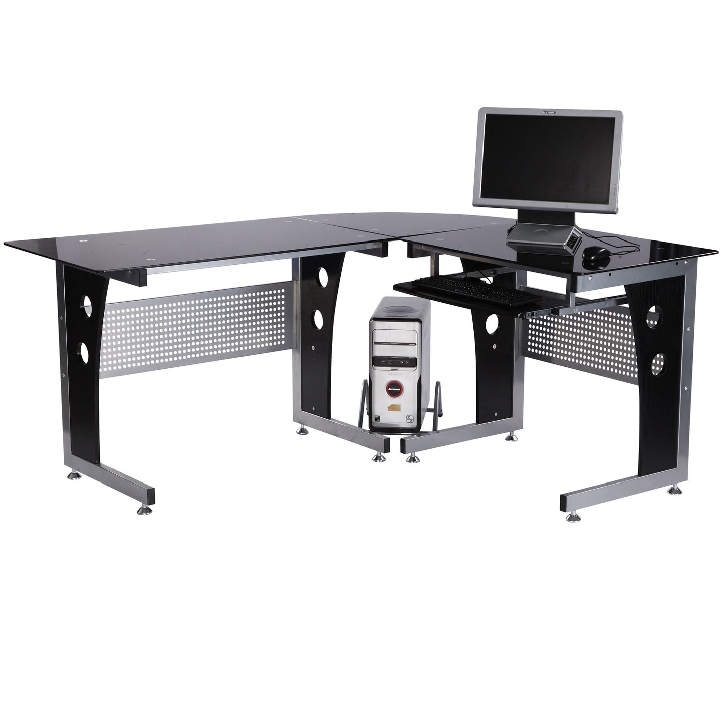 HOMCOM Computertisch Eckschreibtisch Schreibtisch Bürotisch PC Tisch mit schwarzem Sicherheitsglas L-förmig 164x139x75 cm