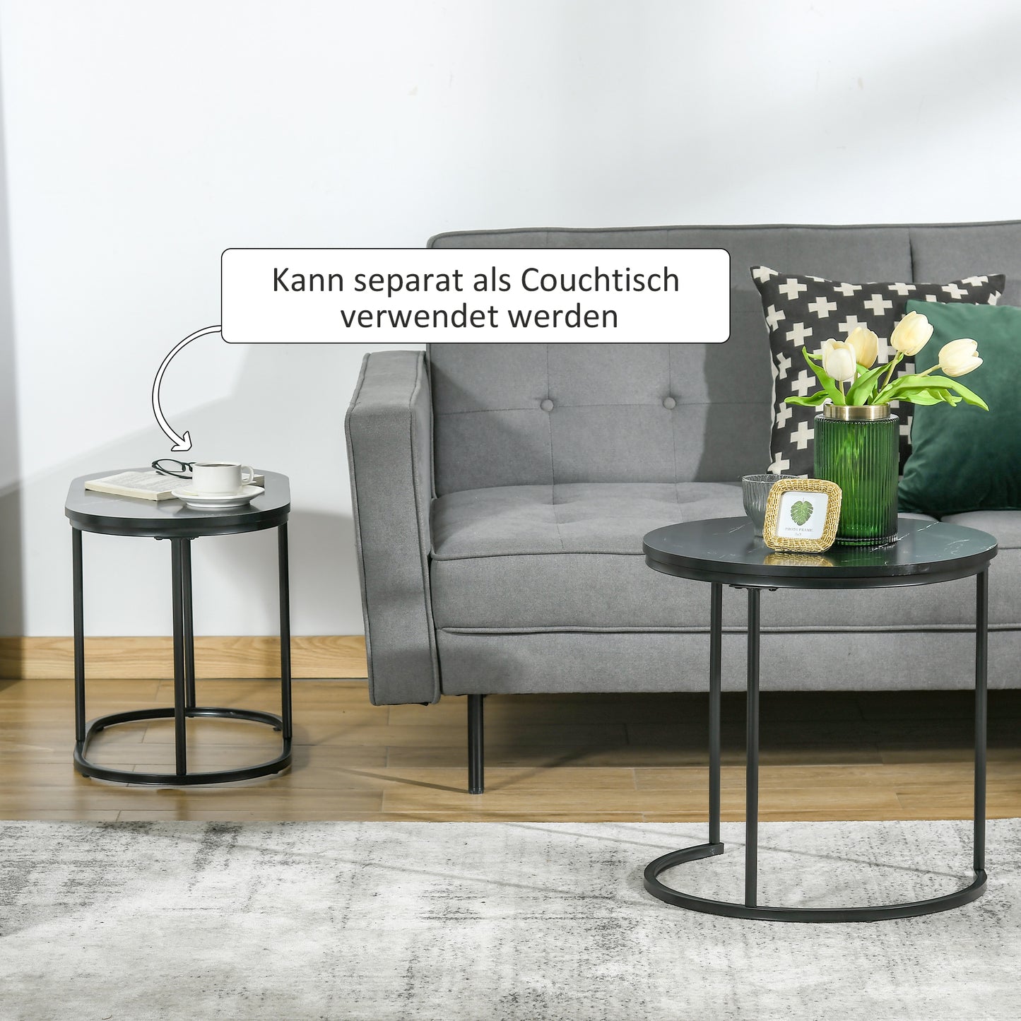 HOMCOM 2er-Set Couchtisch، Ovaler und runder Kaffeetisch، Stapelbar، Marmoroptik، MDF، Metall، Ø50 x 50,5H cm، Schwarz