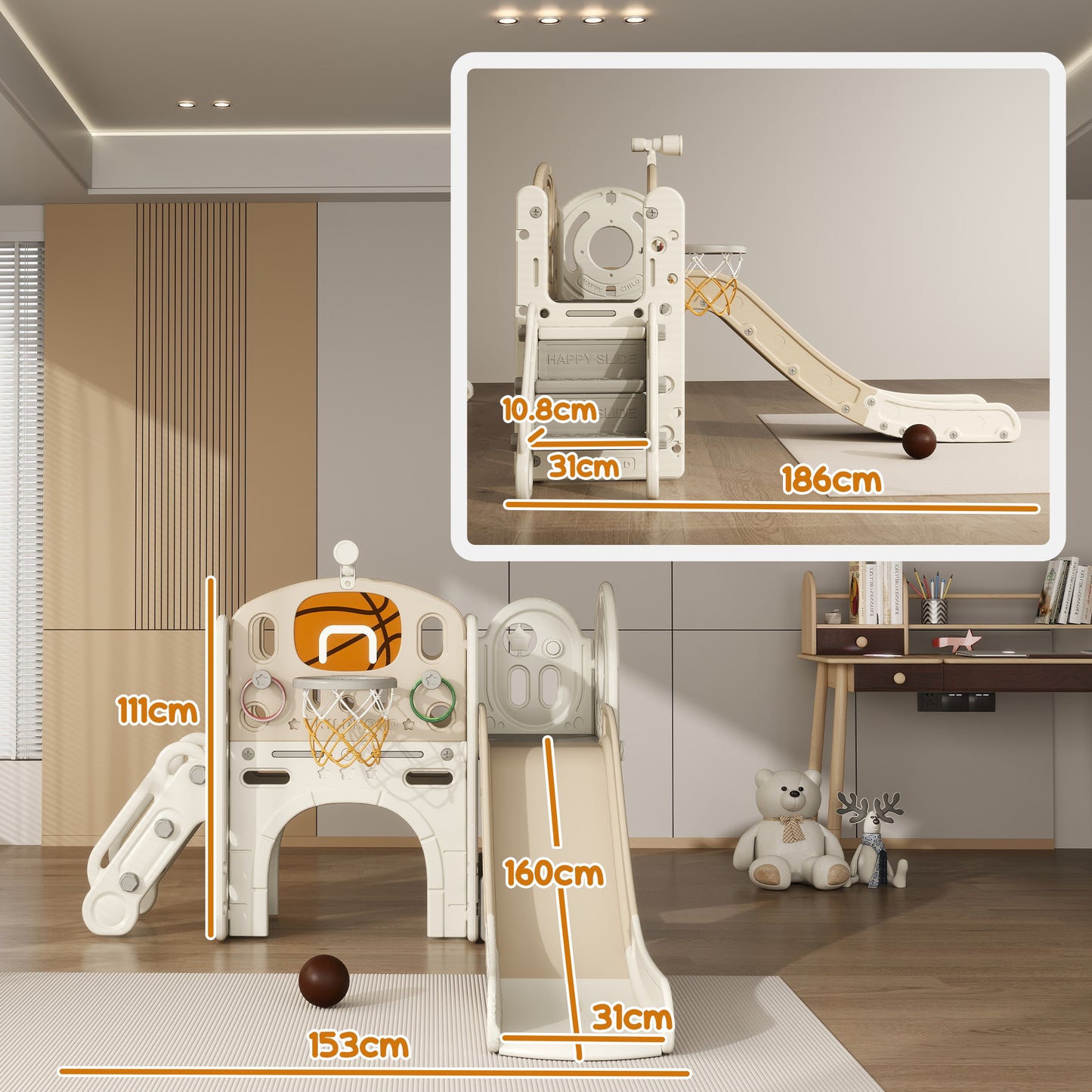 AIYAPLAY Kinder-Spielgerüst, 7-in-1 Rutsche, Indoor Spielplatz mit Stauraum und Krabbeltunnel, 186x153x111 cm, Cremeweiß