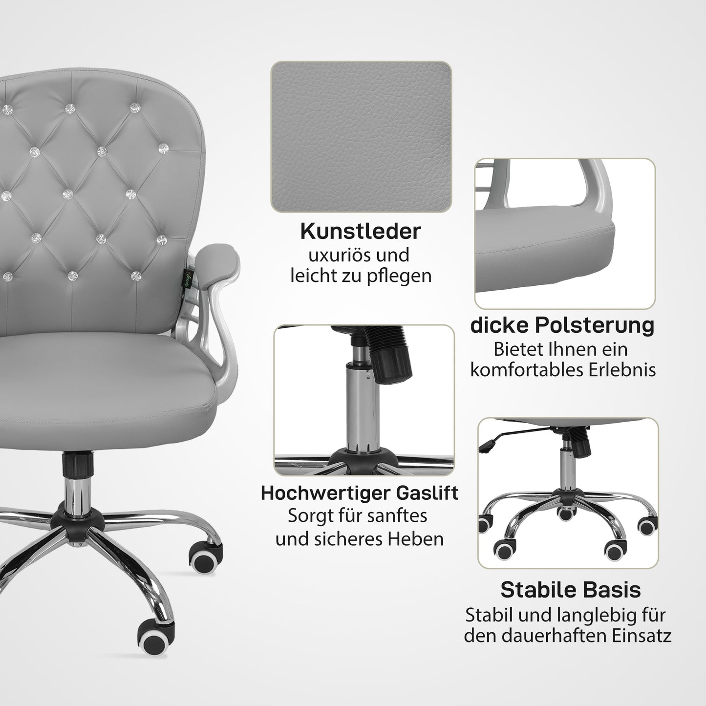 Vinsetto Bürostuhl, Ergonomisch Schreibtischstuhl mit Armlehne, Gepolsterter Rückenlehne Hellgrau