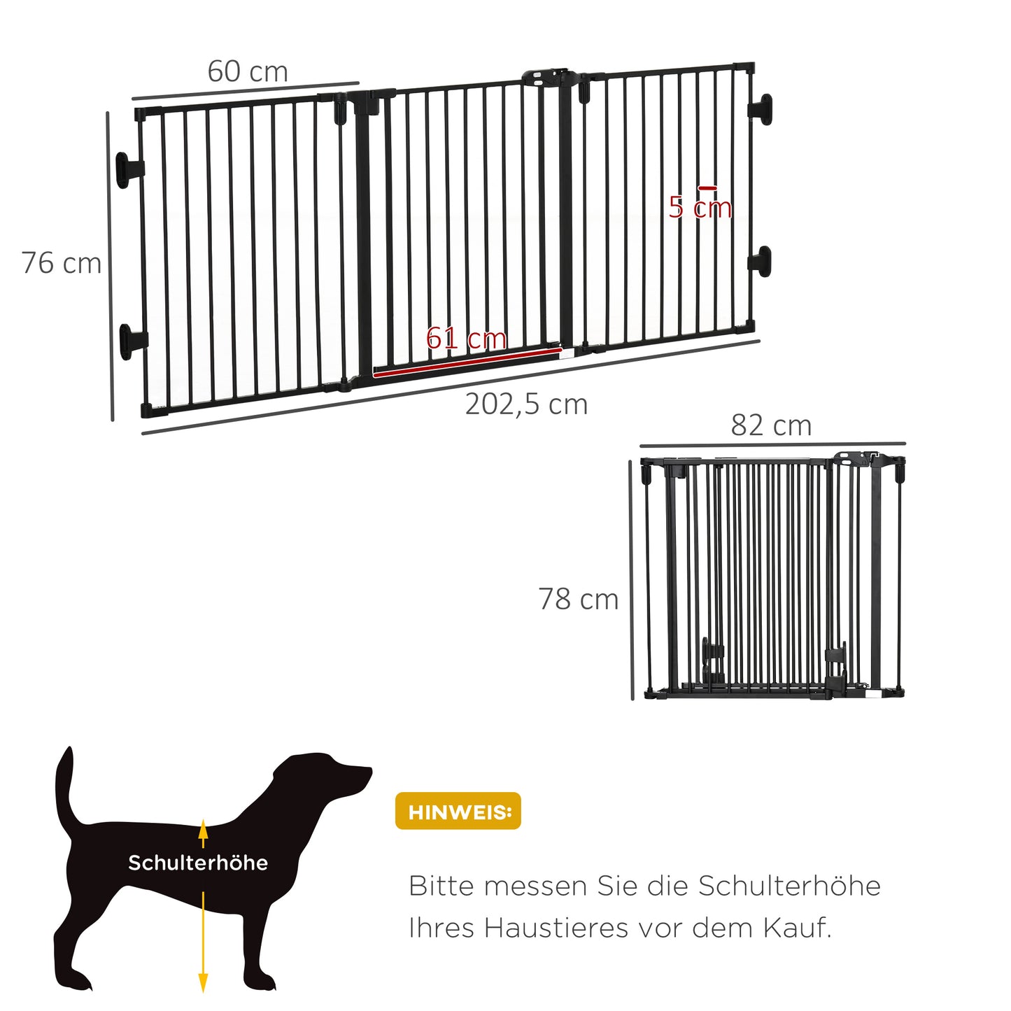 PawHut Hunde Absperrgitter Türschutzgitter Haustierschutzgitter verstellbar klappbar Kamingitter mit automatische schließenden Tür 3 Paneele für Ofen Wandmontage/Freistehend Schwarz 202,5 x 76 cm