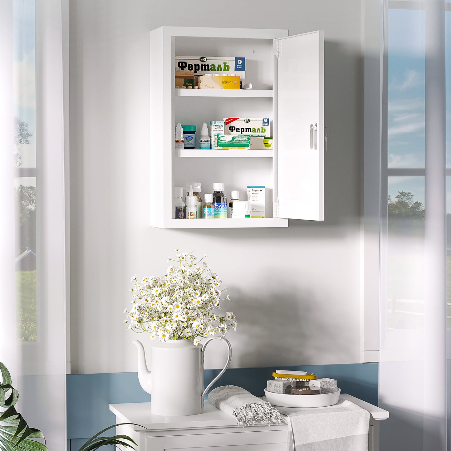 kleankin Medizinschrank, 3 Fächer, abschließbare Tür, stabiles Stahlgehäuse, weiß, 30 x 14 x 46 cm
