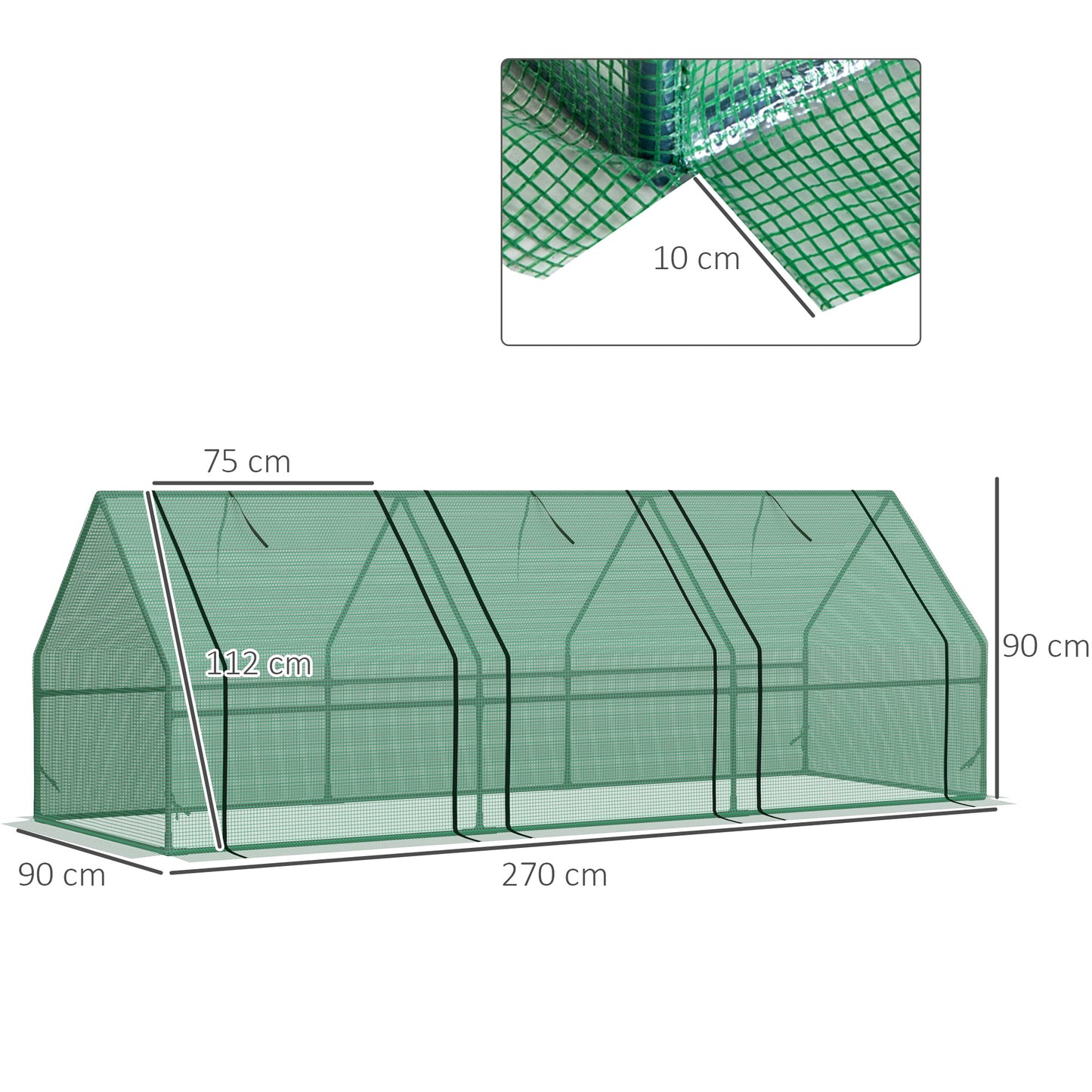 Outsunny Gewächshaus mit 3 Rollfenster, PE-Gitterfolie, Foliengewächshaus aus Stahl, Treibhaus für Balkon, Garten, Tomatenhaus 270x90x90cm, Tomatengewächshaus für Gemüse, Blumen, Pflanzen, Grün