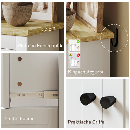 HOMCOM Kommode mit viel Stauraum, Sideboard mit Soft-Close-Türen, 2 Schubladen, verstellbares Regal, Weiß