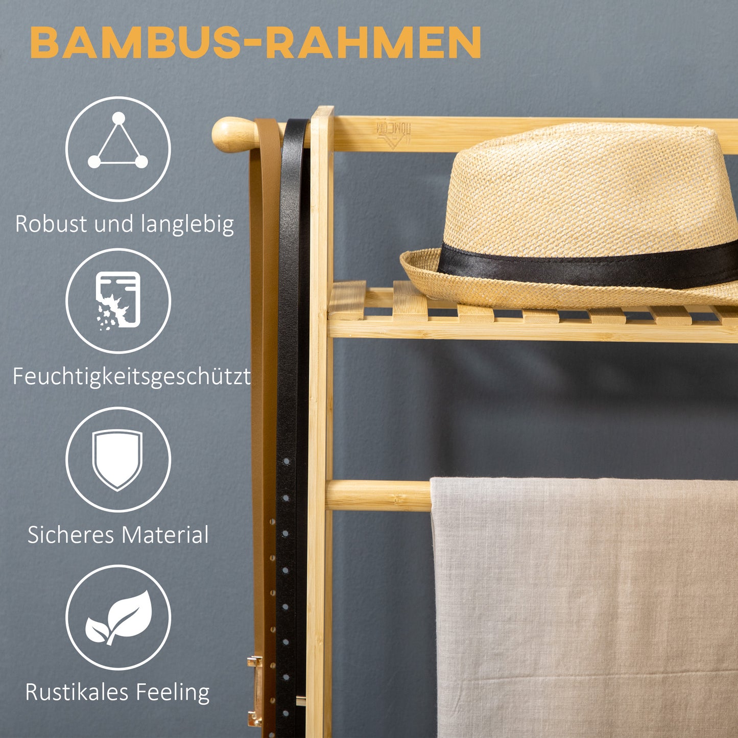 HOMCOM Kleiderständer aus Bambus, 2 Kleiderhaken, Kleiderstange, 2 Ablagen, 114 x 40 x 139 cm