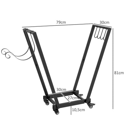 Outsunny Feuerholzgestell, trapezförmiges Design, pulverbeschichteter Metall, mobil mit Rollen, 79 x 30 x 81 cm, Schwarz