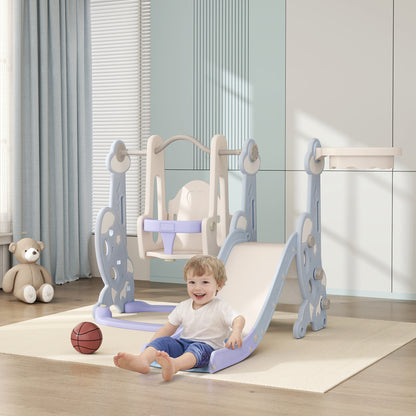 AIYAPLAY 4-in-1 Indoor-Spielplatz, Rutsch- och Schaukelset für Kleinkinder, Basketballkorb, Raketendesign, Kunststoff, Hellblau