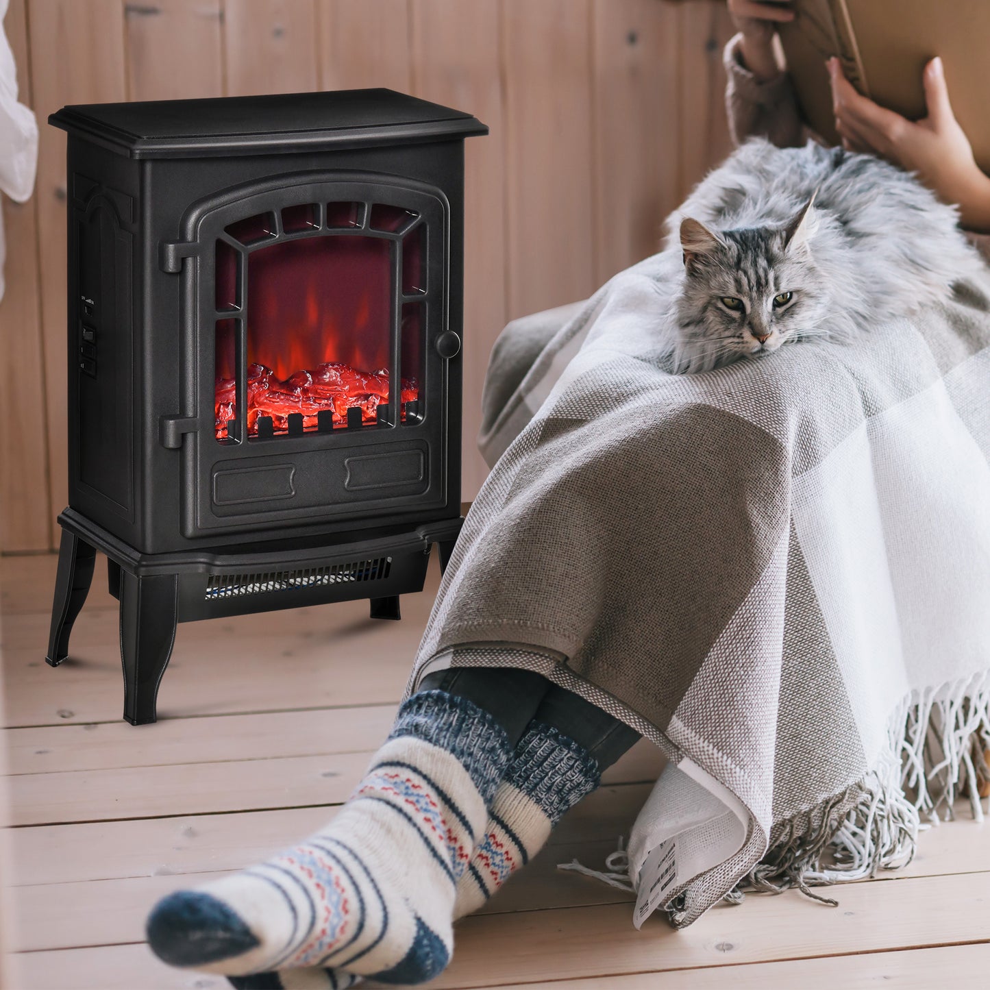 HOMCOM Elektrischer Bodenkamin, 2 Heizstufen, realistischer Flammeneffekt, vielseitig
