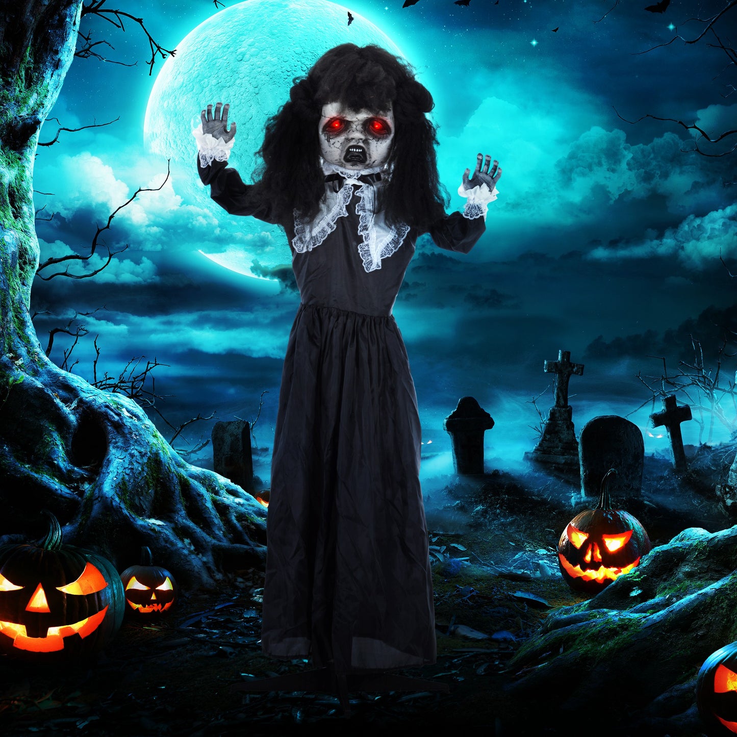 HOMCOM Horrorpuppe, Helloweendeko, gruselige Stimme & Musik, rote Augen, beweglich, 160 cm