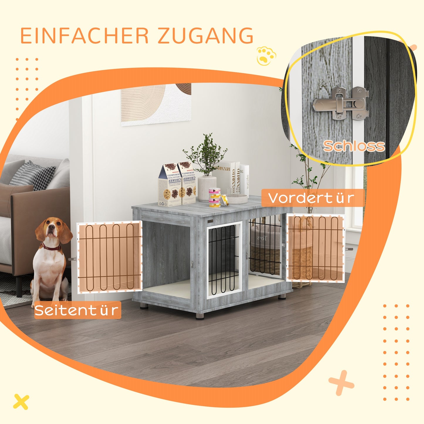 PawHut Hundekäfig Hundebox waschbares Polster, 2 Verriegelungen, 90 cm x 58 cm x 65 cm, Grau