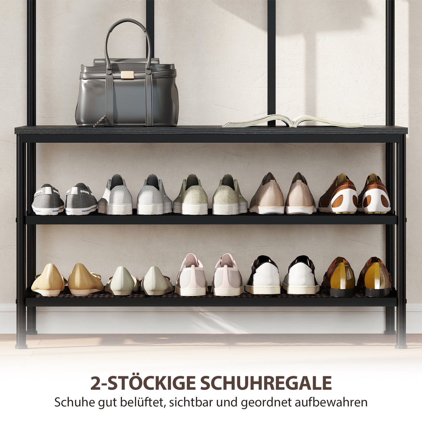 HOMCOM 3-in-1 Garderobenständer, Kleiderhaken, Sitzbank, Schuhregal, Metall, Spanplatte, Schwarz
