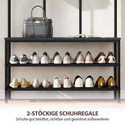 HOMCOM 3-in-1 Garderobenständer, Kleiderhaken, Sitzbank, Schuhregal, Metall, Spanplatte, Schwarz