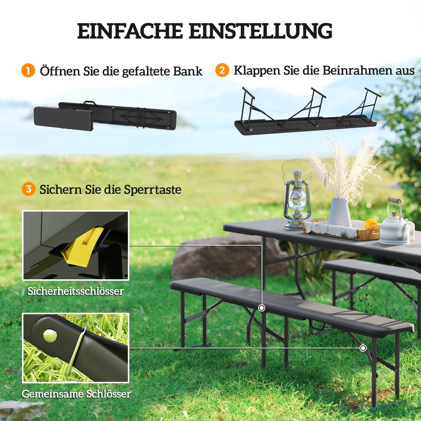 Outsunny Campingbank, Kunststoff-Outdoor-Bank, 240 kg Belastbarkeit, Schwarz