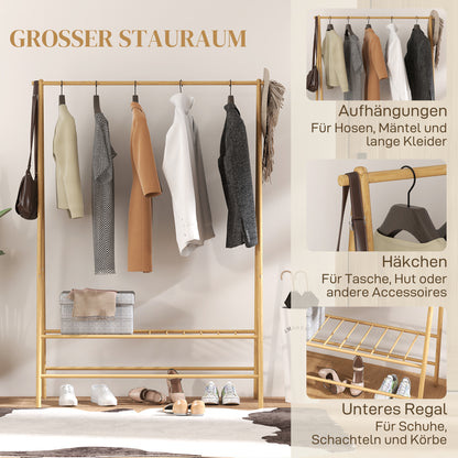 HOMCOM Bambus-Kleiderständer mit Schuhregal und Haken, freistehend, für Eingangsbereich, Schlafzimmer, Naturholz
