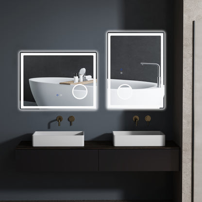 kleankin LED Badezimmerspiegel mit 3x Vergrößerung, Touch-Funktion, Memory-Funktion, kein Beschlagen, 80 x 60 cm