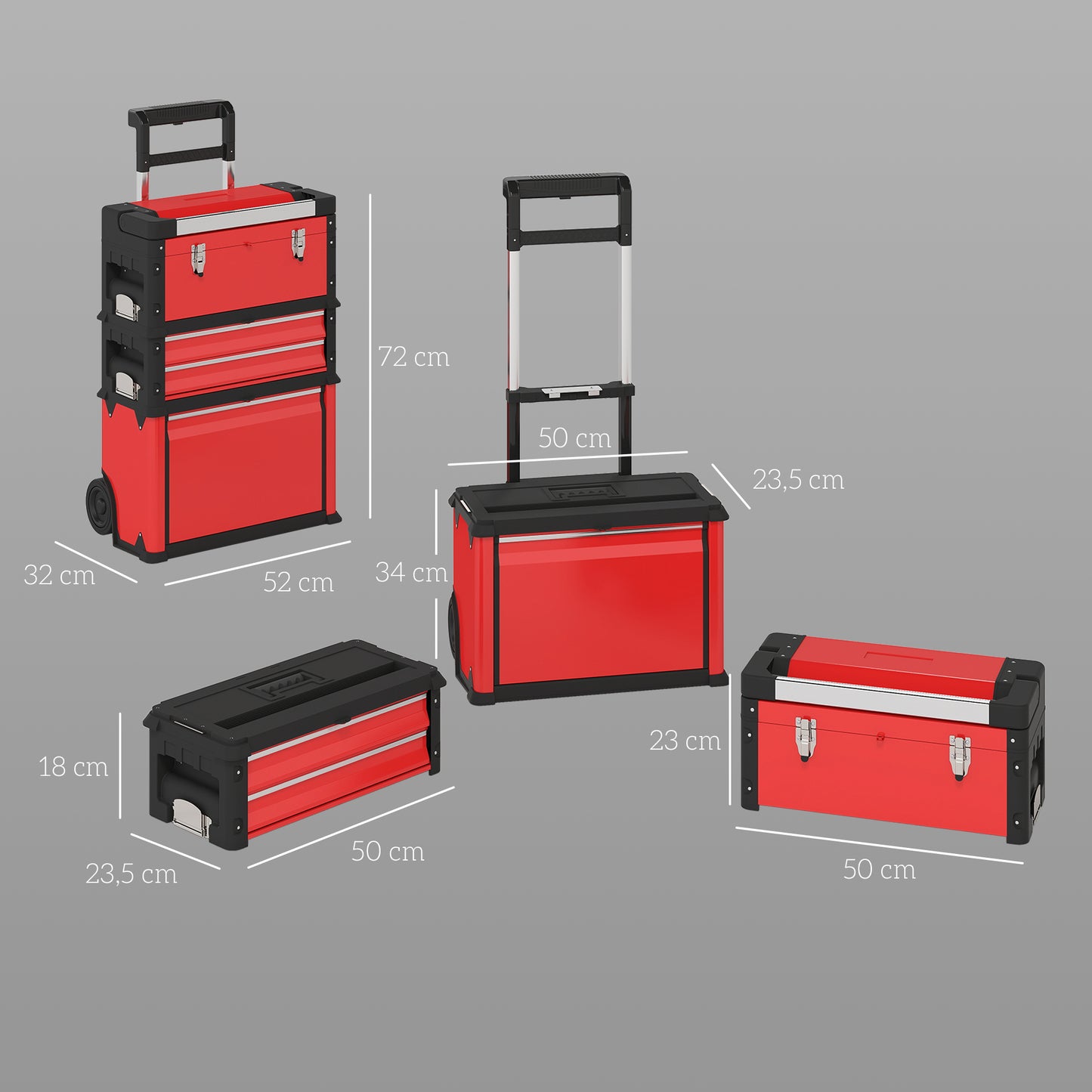 HOMCOM 3-stufiges Werkzeugkasten-Set, mit Rädern, ineinandergreifend, Stahl, Kunststoff