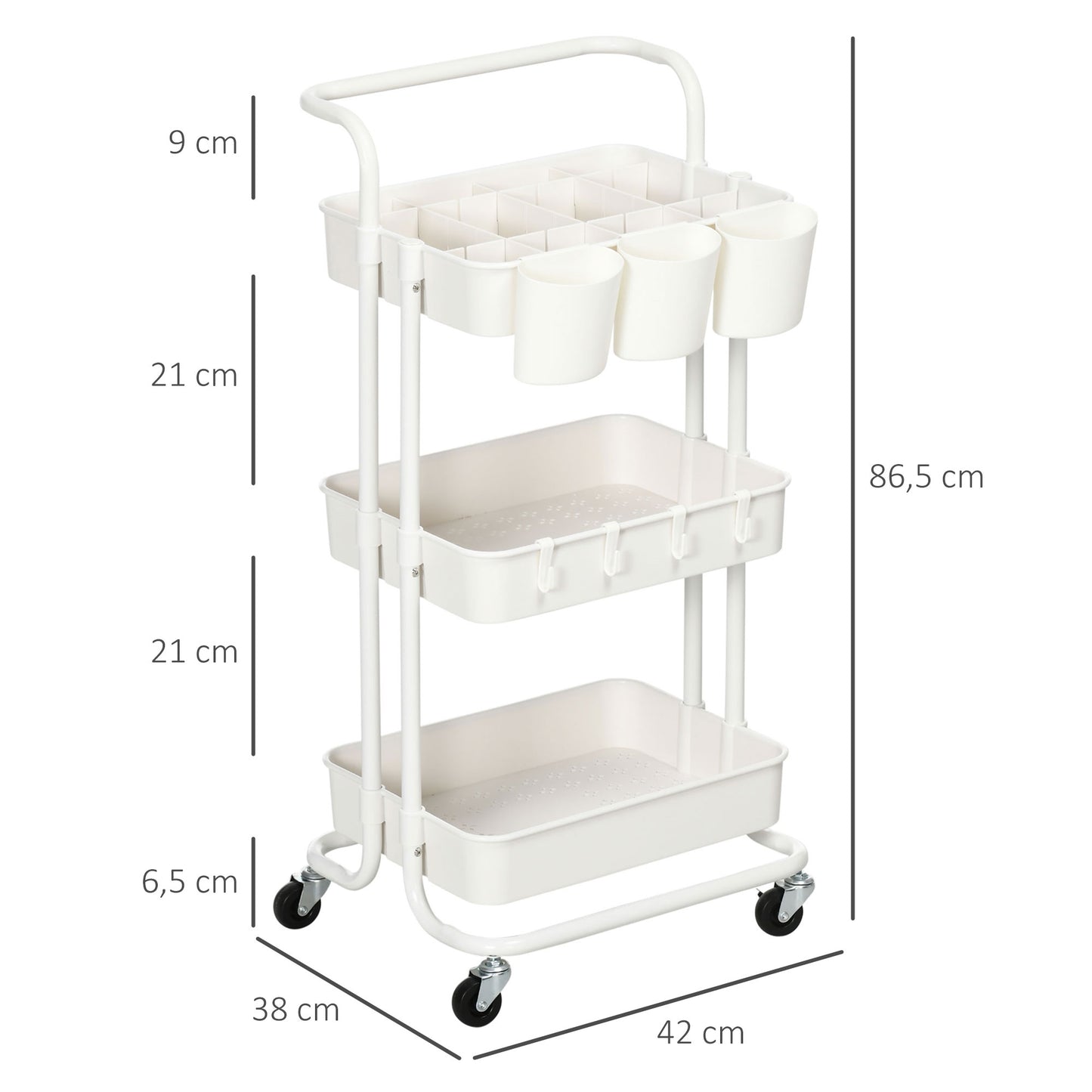 HOMCOM Rollwagen, Servierwagen, 3 Ablagekörbe, 3 Hängeboxen, 4 Haken, Metallrahmen, 42 x 38 x 86,5cm, Weiß