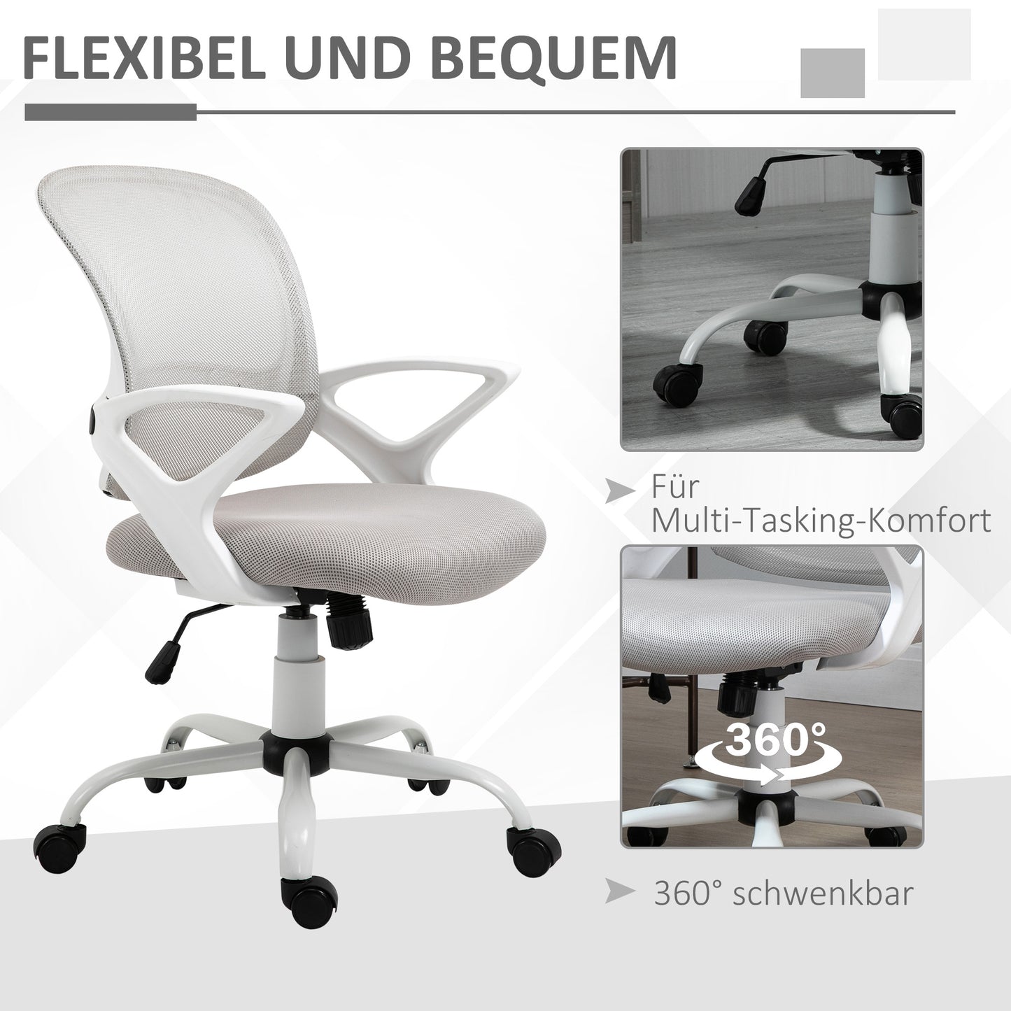 Vinsetto Bürostuhl, Schreibtischstuhl mit Rollen, ergonomisch, höhenverstellbar, Grau