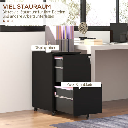 Vinsetto Rollcontainer Aktenschrank, 2 Schubladen, ab­schließ­bar, rollbar, 37 cm x 43,5 cm x 67,5 cm, Schwarz