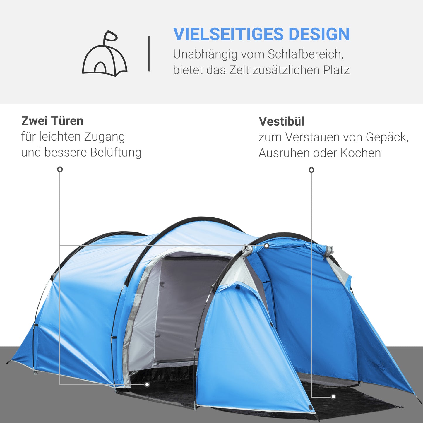 Outsunny Campingzelt, Wurfzelt für 2-3 Personen, Vorraum & Schlafbereich, wasserdicht, 426 x 206 x 154 cm, Hellblau