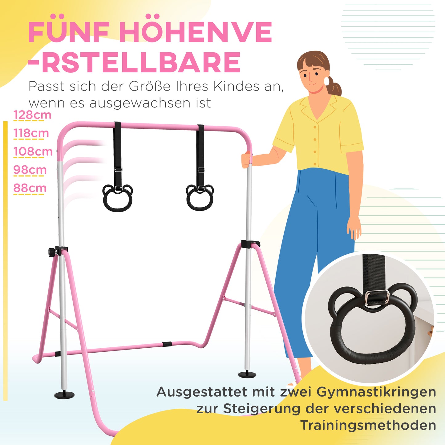 HOMCOM Kinder-Turnbarren mit Ringen, höhenverstellbar, klappbar, rutschfest, Stahlrahmen, 148x105x88-128 cm, Pink