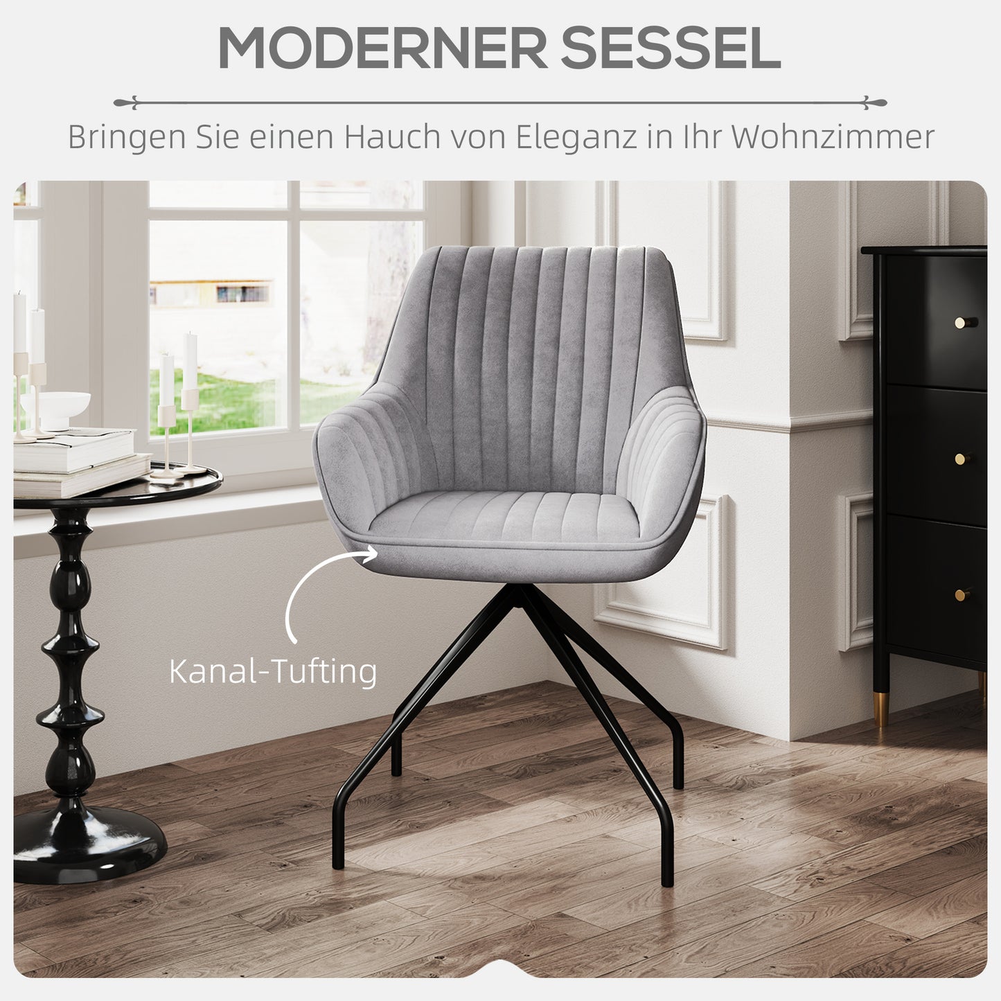 HOMCOM Drehbarer Armstuhl, Moderner Akzentsessel mit Metallbeinen für Wohnzimmer, Schlafzimmer, Büro, Grau