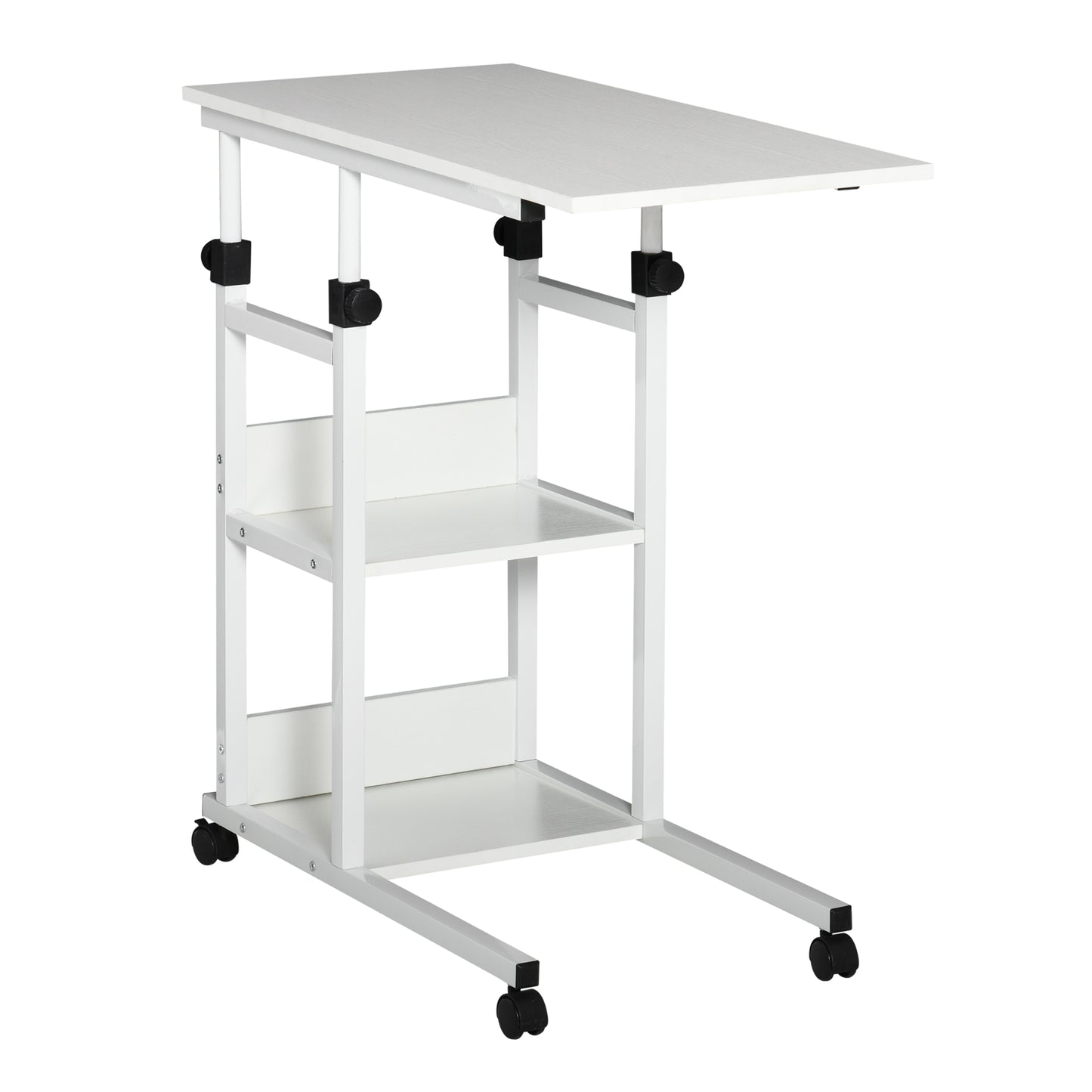 HOMCOM Beistelltisch mit Rollen, höhenverstellbar, kompakt, 2 Ablageböden, Metallrahmen, 80x40x72-82 cm, Weiß