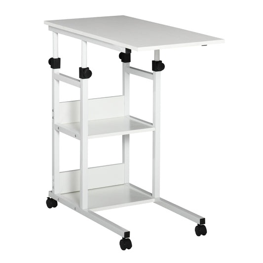 HOMCOM Beistelltisch mit Rollen, höhenverstellbar, kompakt, 2 Ablageböden, Metallrahmen, 80x40x72-82 cm, Weiß