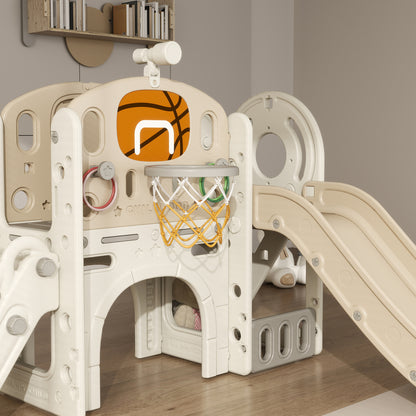 AIYAPLAY Kinder-Spielgerüst, 7-in-1 Rutsche, Indoor Spielplatz mit Stauraum und Krabbeltunnel, 186x153x111 cm, Cremeweiß