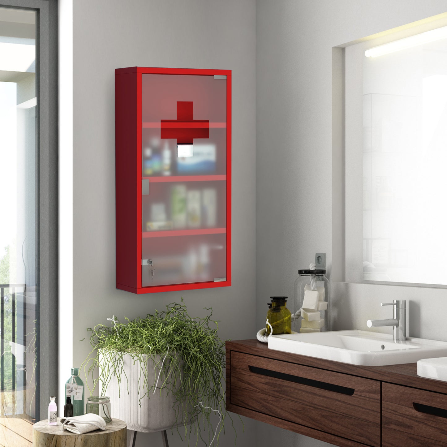 HOMCOM Medizinschrank aus Stahl Arzneischrank zur Medikamenten-Aufbewahrung, Abschließbar Apothekerschrank mit 4 Fächer, Glastür, 60 x 30 x 12 cm, Rot