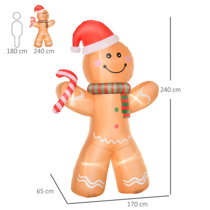 HOMCOM Selbstaufblasender Lebkuchenmann, inkl. Gebläse, Weihnachtsdekoration 2,4 m mit LED-Lichtern