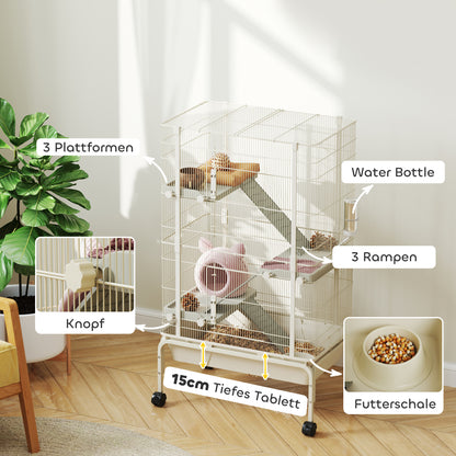 PawHut Kleintierkäfig, Haustierkäfig mit 4 Ebenen, Futterschale, Wasserflasche, 88 x 48 x 150,5 cm, Beige
