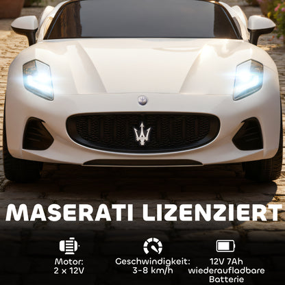 AIYAPLAY Maserati Elektroauto für Kinder, 2-Sitzer, 12V Batteriebetrieb, Fernbedienung, LED-Lichter, Musikfunktion, Weiß