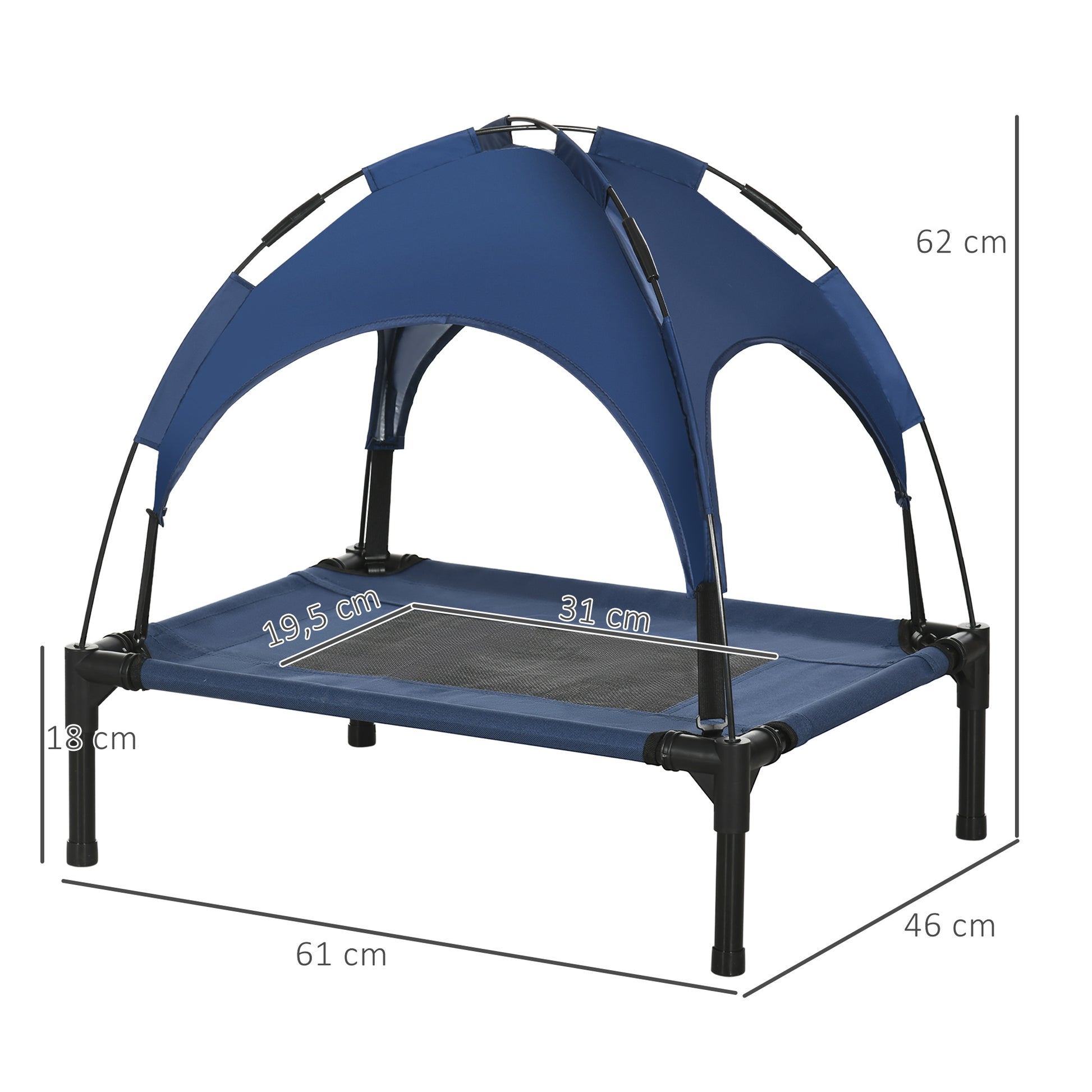 PawHut Haustierbett Outdoor-Hundebett, wetterbeständig, mit Baldachin, 61cm x 46 cm x 62 cm, Blau + Schwarz