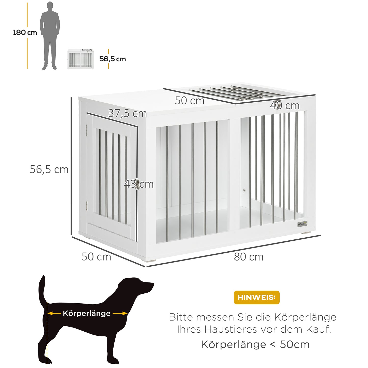 PawHut Hundekäfig mit 2 Türen, Hundebox, verriegelbar, Stahlgitter, 80 cm x 50 cm x 56,5 cm, Weiß + Silber