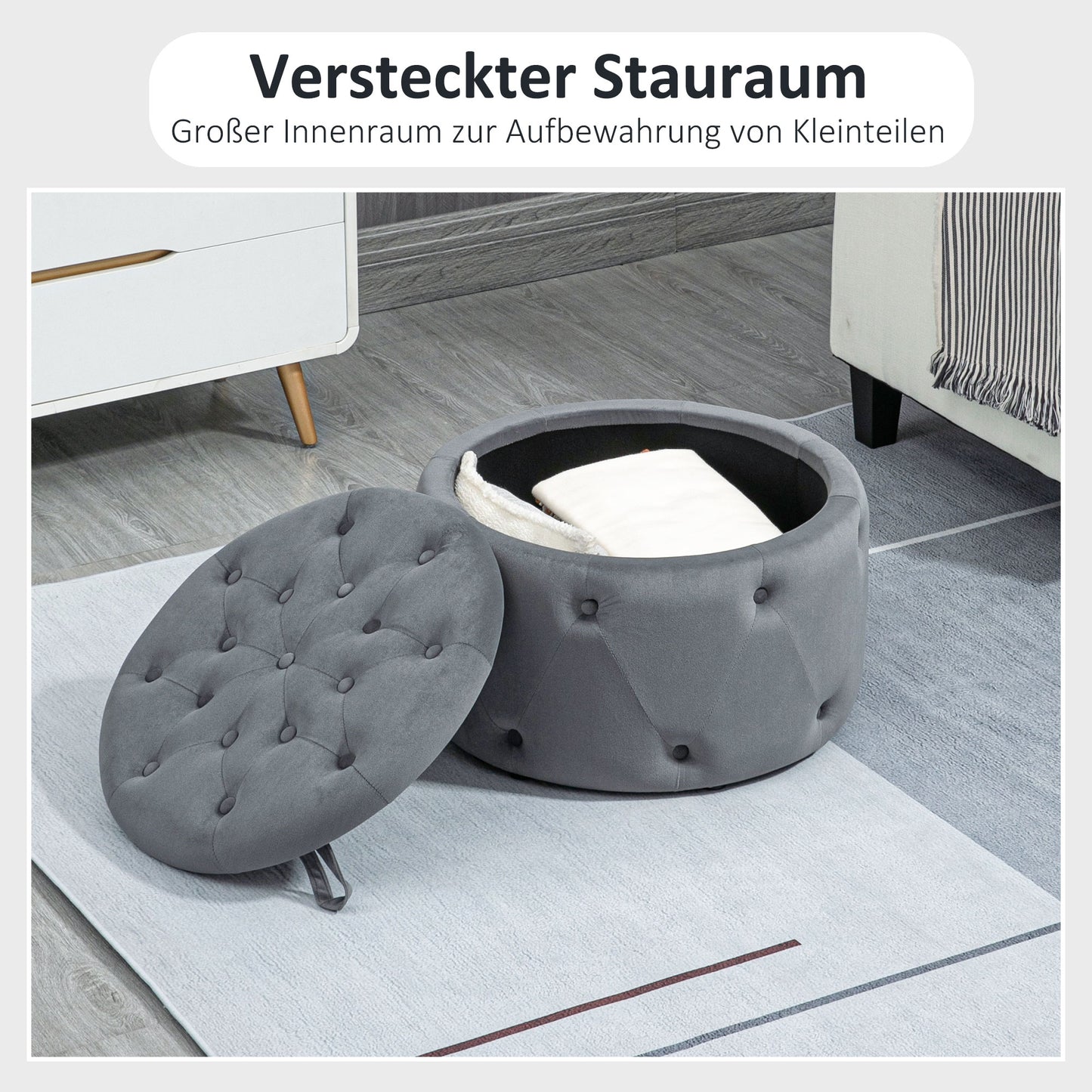 HOMCOM Hocker, rund, mit Staufach, Steppdesign mit Knöpfen, Bezug in Samtoptik, grau, 60 x 60 x 40cm