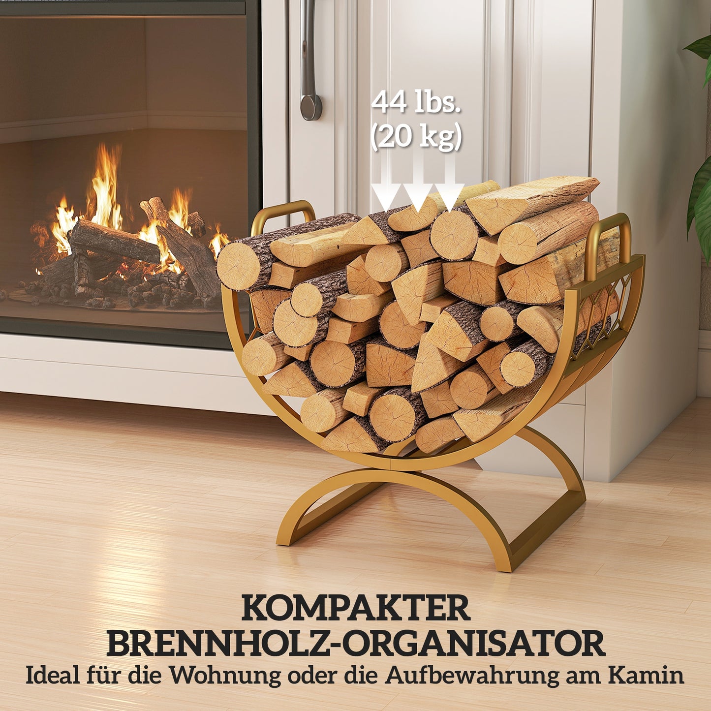Outsunny Kaminholzregal für innen 46 x 36 x 41cm Brennholzregal für Kamin Ofen Metall Gold