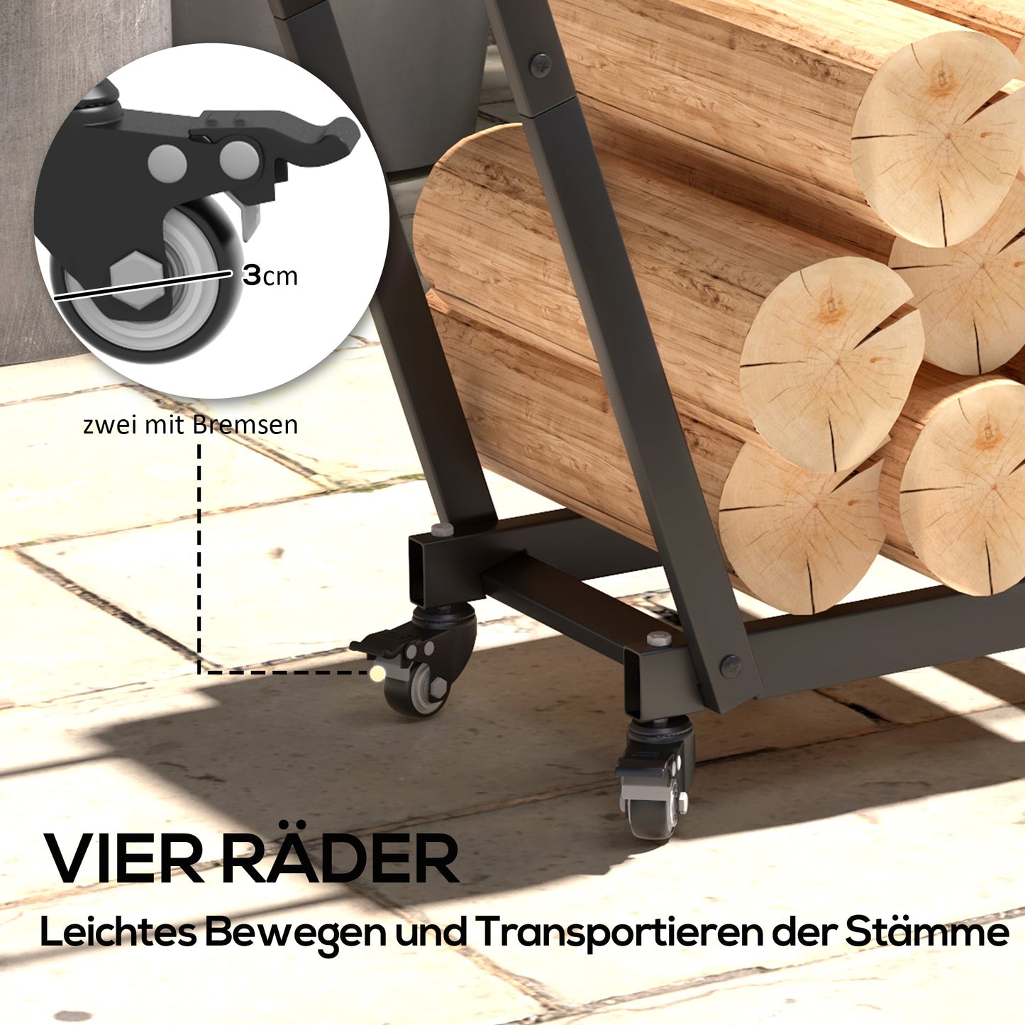 Outsunny Feuerholzgestell, trapezförmiges Design, pulverbeschichteter Metall, mobil mit Rollen, 79 x 30 x 81 cm, Schwarz