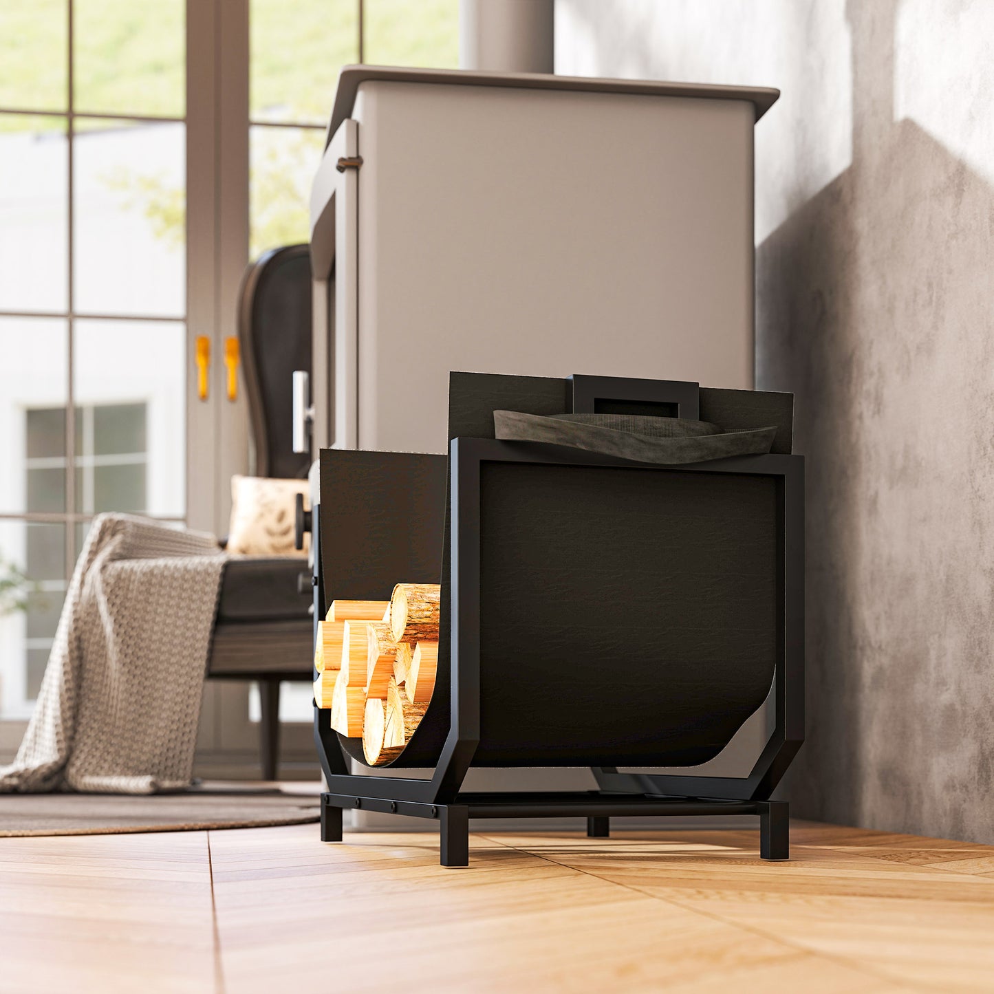 Outsunny Kaminholzregal für innen 53 x 33 x 43 cm Brennholzregal mit Tragetasche Metall Schwarz