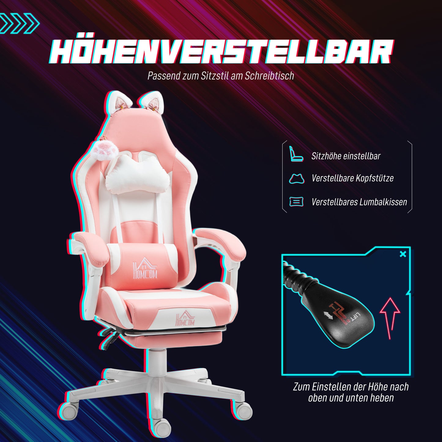 HOMCOM Gaming-Sessel mit Katzenohren, neigbare Lehne, ausziehbare Fußstütze, bis 120 kg, Rosa/Weiß