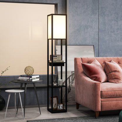 HOMCOM Stehlampe mit 3-stufigem Regal, Fußschalter, USB-Anschlüssen, MDF, Schwarz