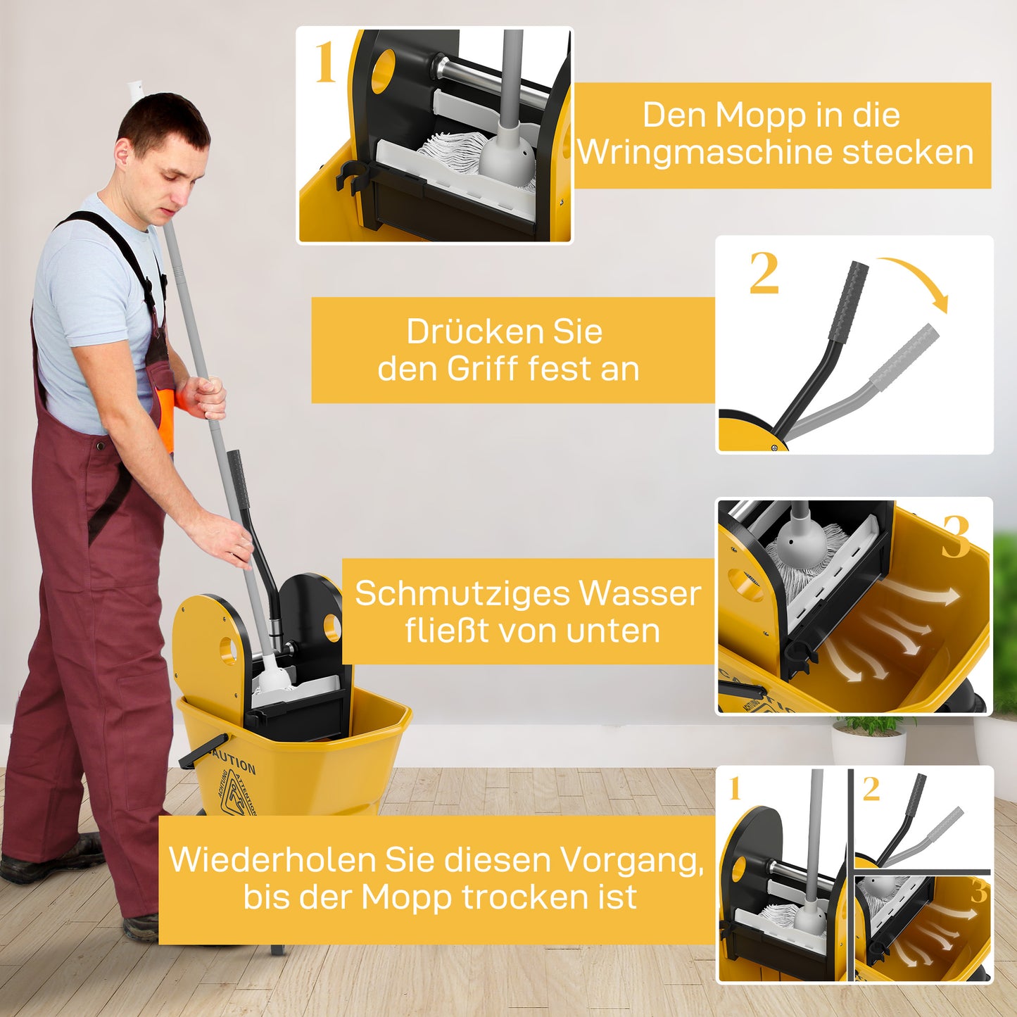 HOMCOM Rollbarer Mopp-Eimer، Wischeimer mit Auswringer und Mopp، 26 لتر، جيلب