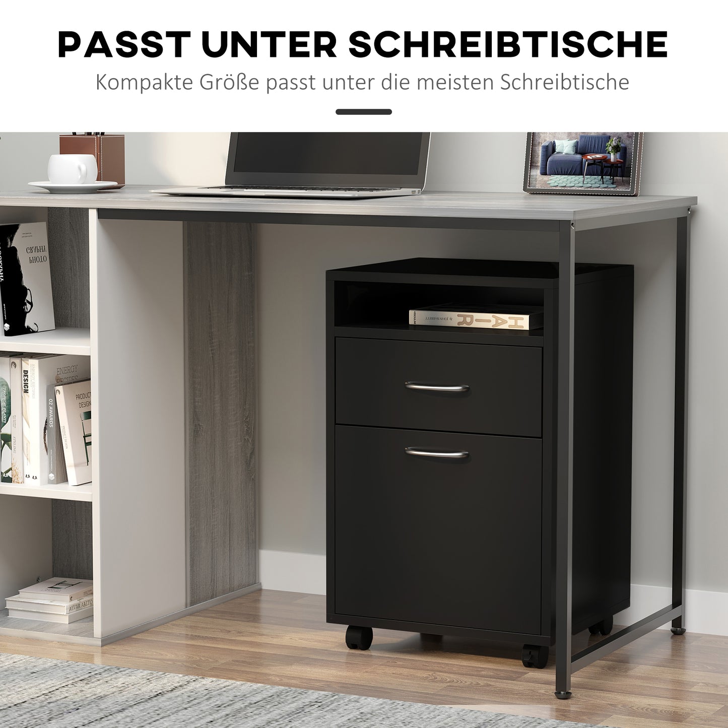 HOMCOM Rollcontainer Schubladencontainer Container, 1 Fach, 1 Regal, 1 Schublade, 40 cm x 3 cm x 60 cm, Schwarz
