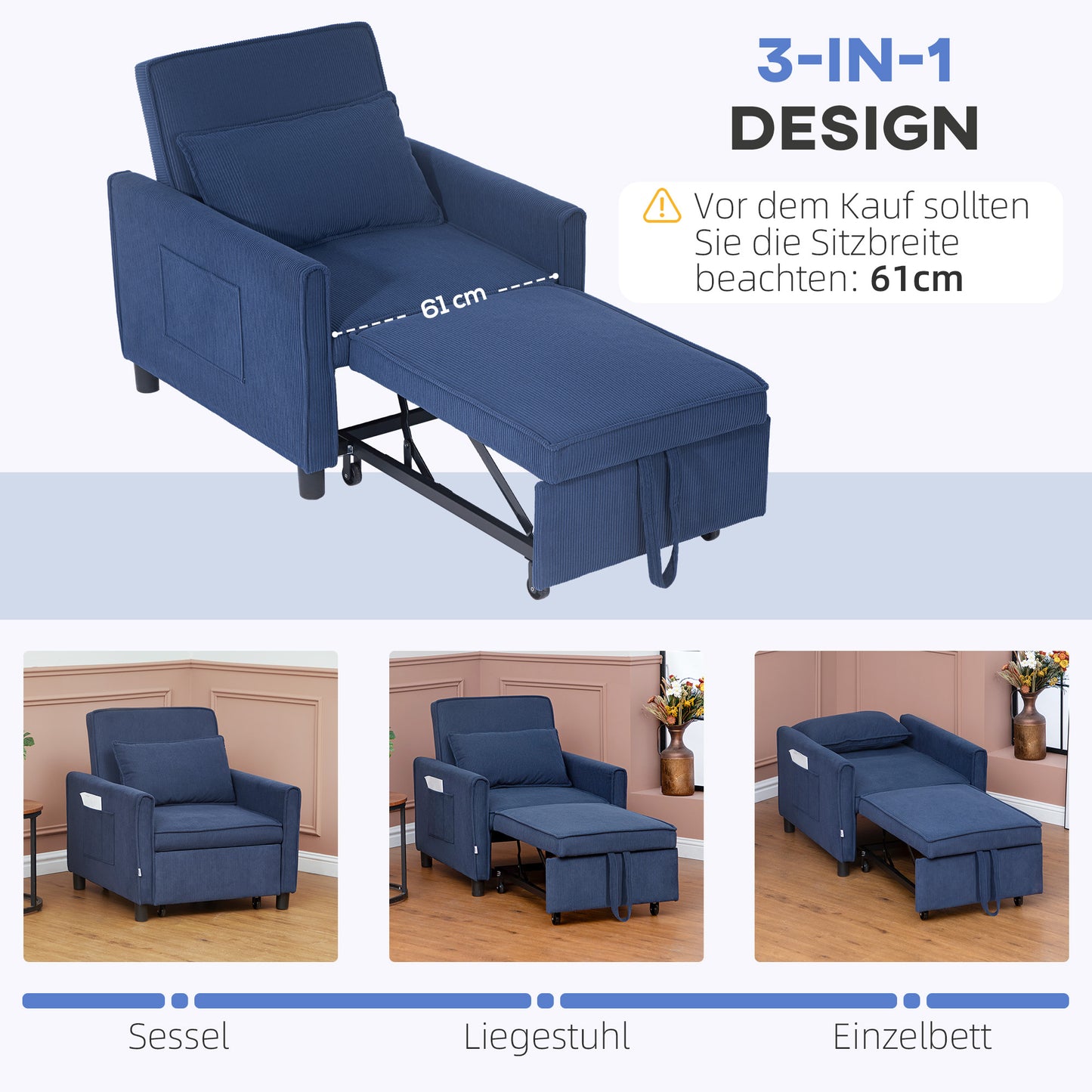 HOMCOM Schlafsessel, verstellbar, 3 Positionen, Cordbezug, bis 120 kg, Blau